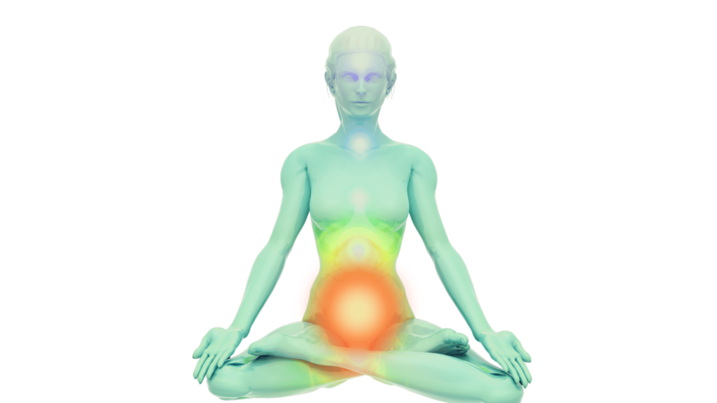 An illustrative image of 3d female in green seated in lotus depicting chakras and emphasising sacral chakra, central nervous system, sacrum