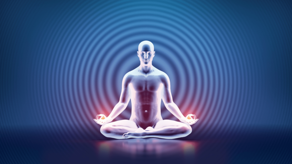 An illustrative image of a 3d male body sitting in a lotus position depicting meditation and energy 