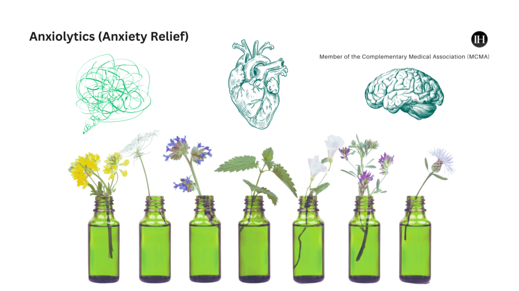 An image of 7 green essential oil bottles with plant stems (anxiolytic) and a drawing of a thought bubble, heart, and brain on a white background.