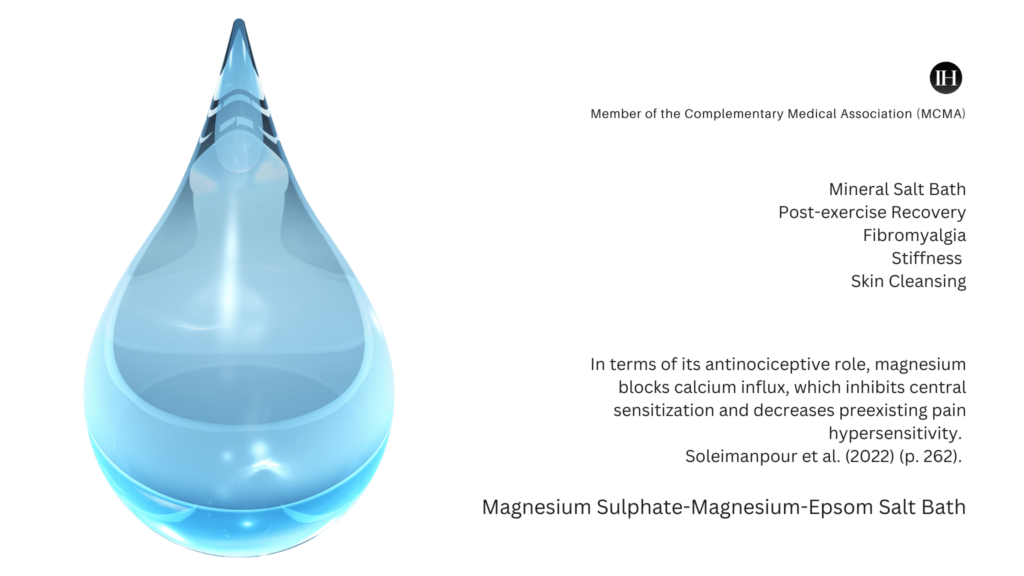 An illustrative image with a water drop depicting magnesium sulphate Epsom salt bath mineral with described benefits