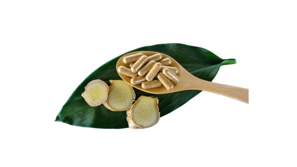 An illustrative image of a green plant with cut ginger pieces, ginger capsules on a wooden spoon