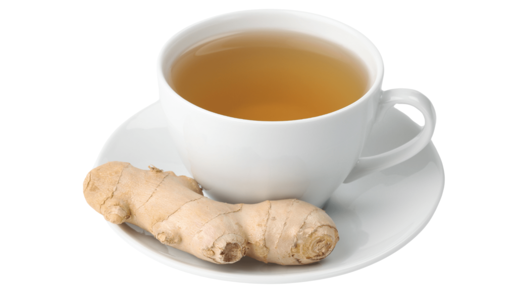 An illustrative image of ginger tea in white cup and saucer with a piece of ginger root