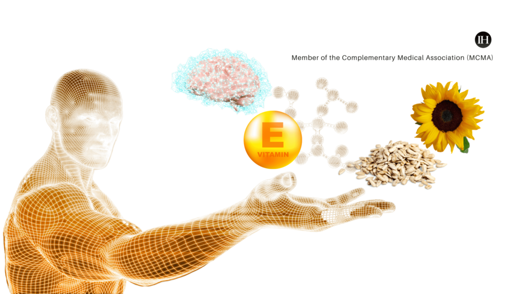 An image illustrating human brain anatomy, vitamin E for cognitive function, and sunflower seeds as a source of vitamin E.