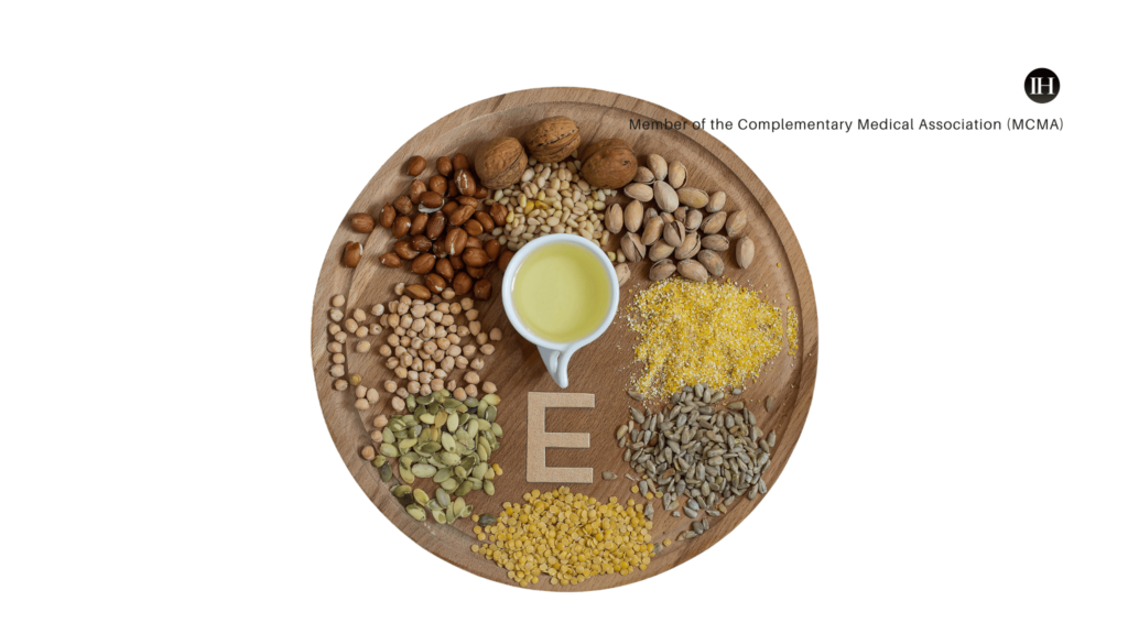 An image depicting wooden plate with vitamin e rich foods cognitive health