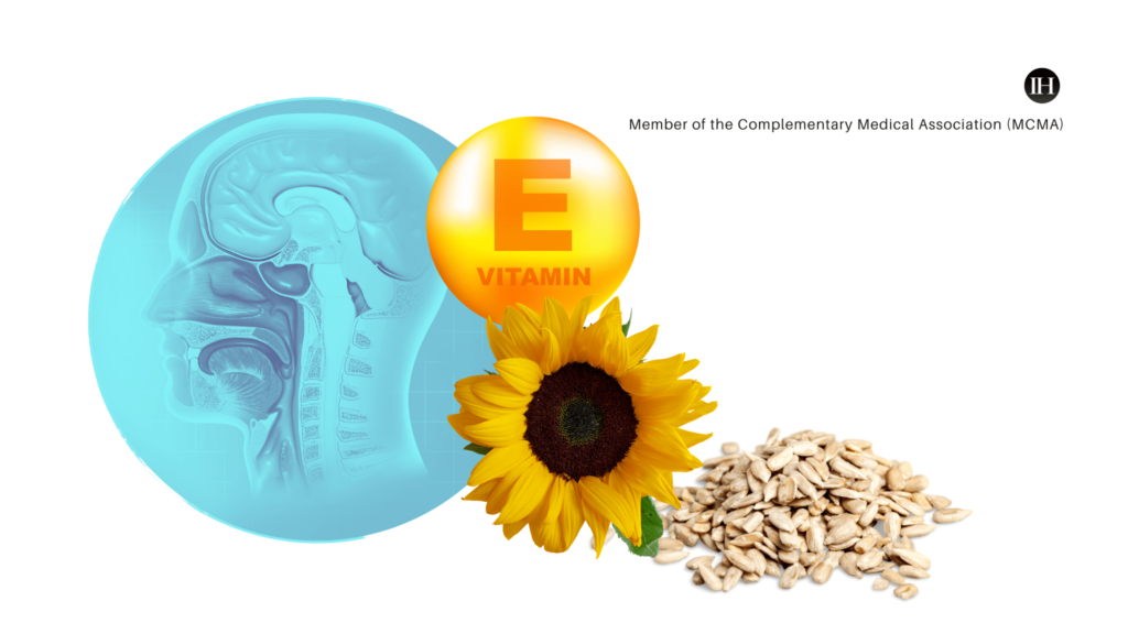 An image illustrating human brain anatomy, vitamin E for cognitive function, and sunflower seeds as a source of vitamin E.