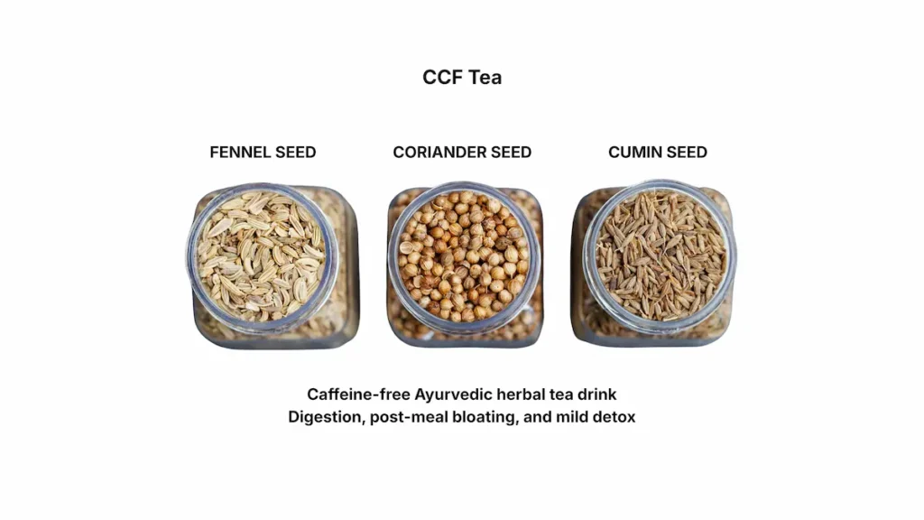 Herbal tea - three small clear jars placed in a horizontal line separately containing fennel seed - coriander seed and cumin seed in an example of CCF tea a herbal tea mixture