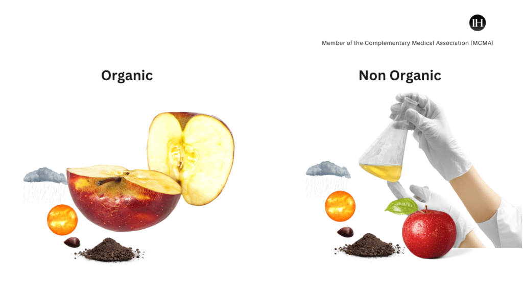 An illustrative image of comparing organic and non organic apple