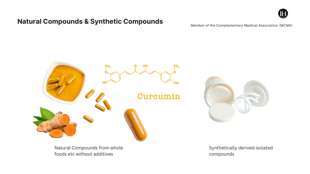 An illustrative image depicting natural whole food compounds versus synthetic compounds