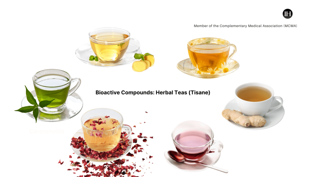 An illustrative image of different types of herbal teas tisane with inherent bioactive compounds