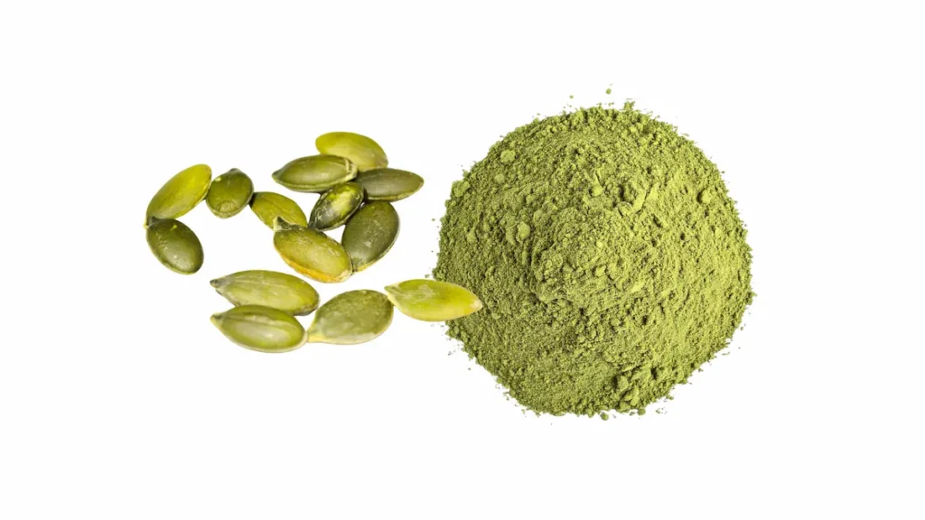 Pumpkin seed protein powder shown alongside quinoa and legumes for a complete amino acid profile