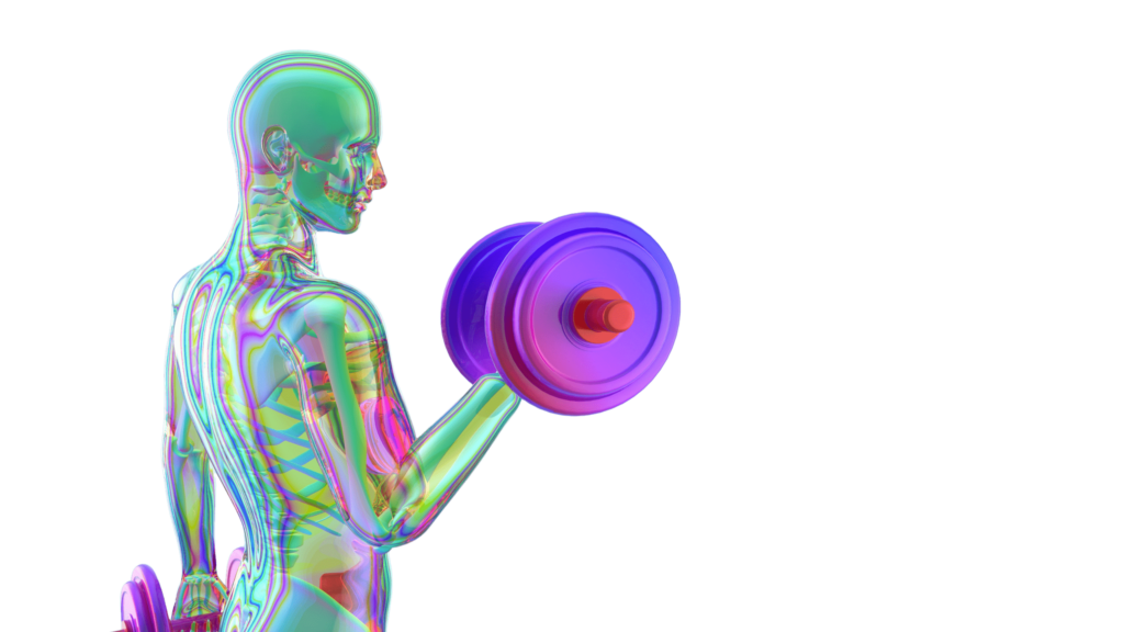 An illustrative image of colourful female holding weights in a fitness routine