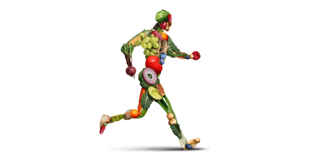 An illustrative image of a running man with a silhouette made of vegetables 