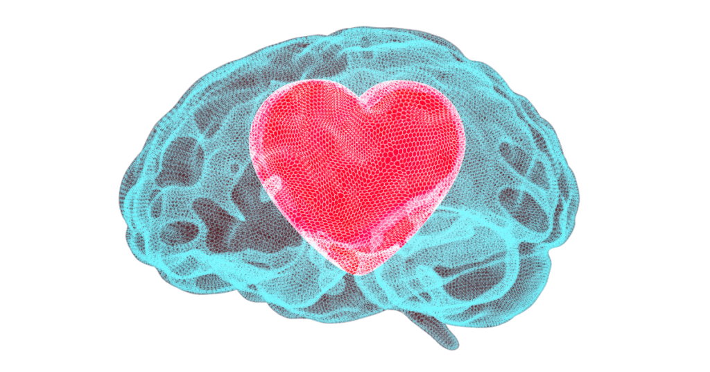 An illustrative image of 3D brain depiction, drawing with heart in the center