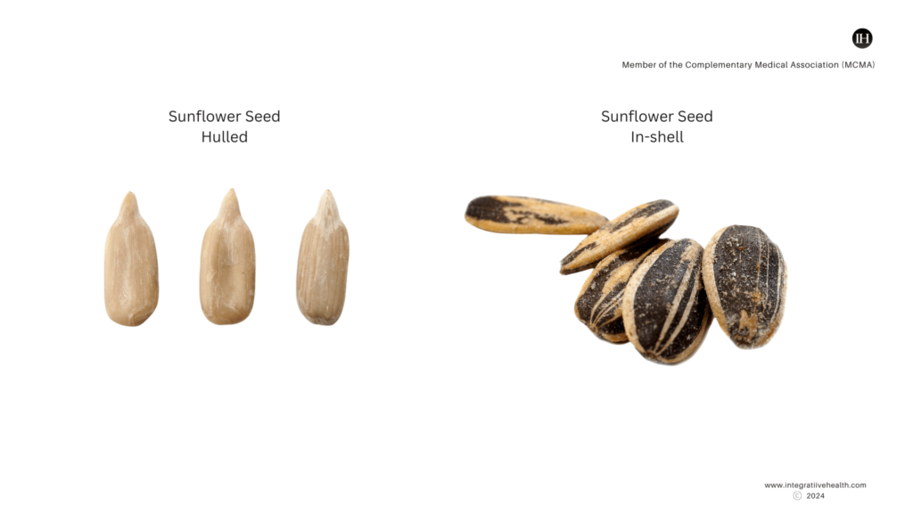 An illustrative image of hulled sunflower seed and in shell seed