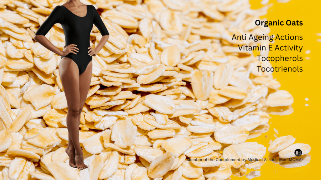 An illustrative image of organic rolled oats background with a woman in a black swimsuit posing on a yellow background