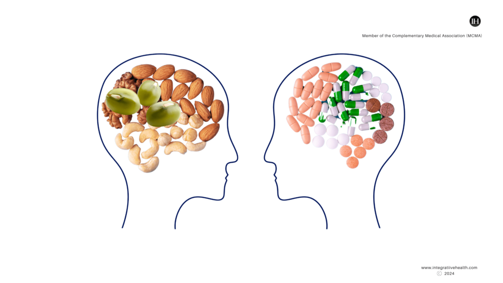 An illustrative image depicting two 3d head outlines comparing natural nutrition to synthetic 