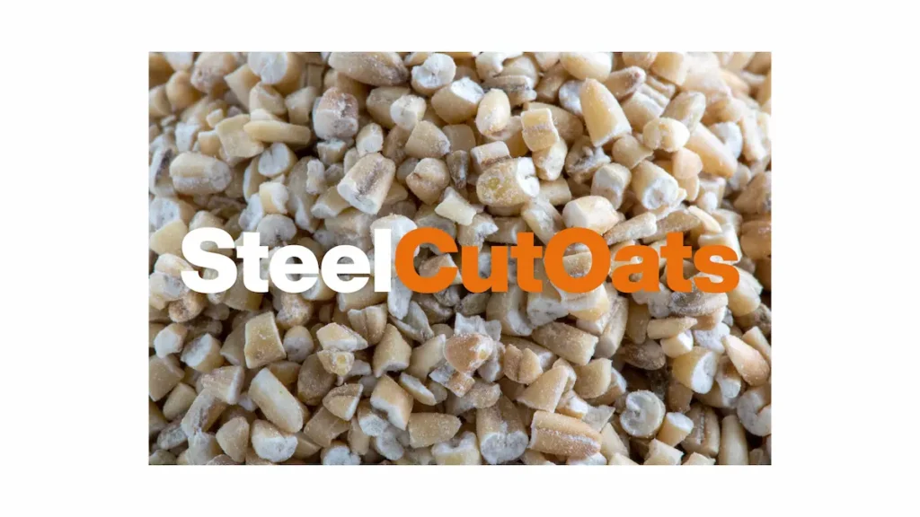 Close-up of dry steel-cut oats with text reading Steel Cut Oats