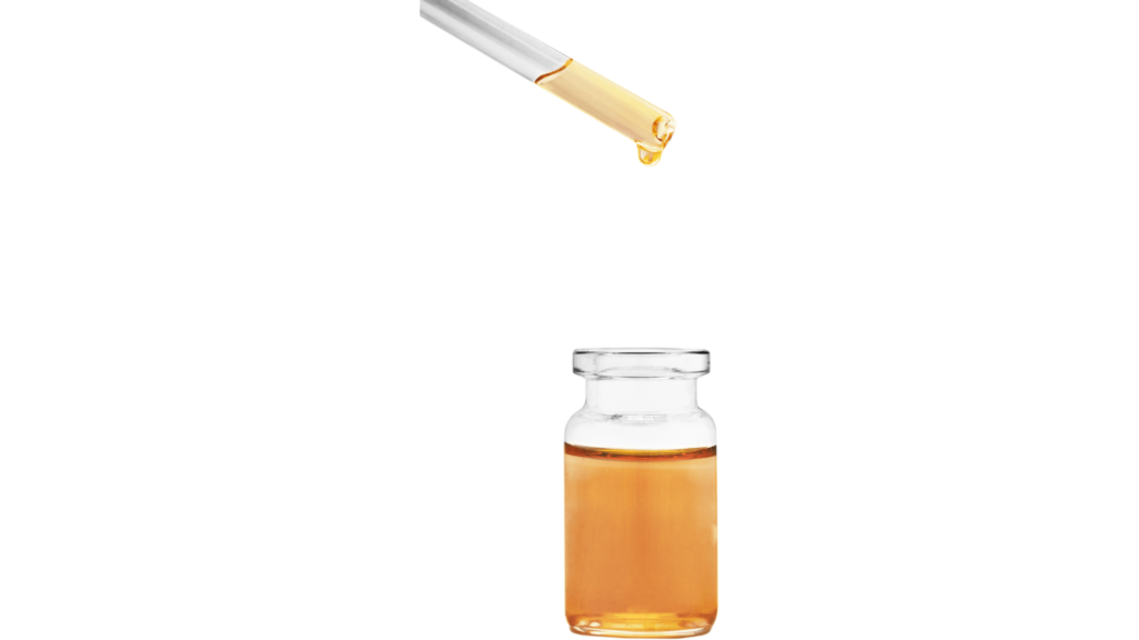 An illustrative image of essential oil containing linalool in clear glass bottle and dropper with oil on a white background