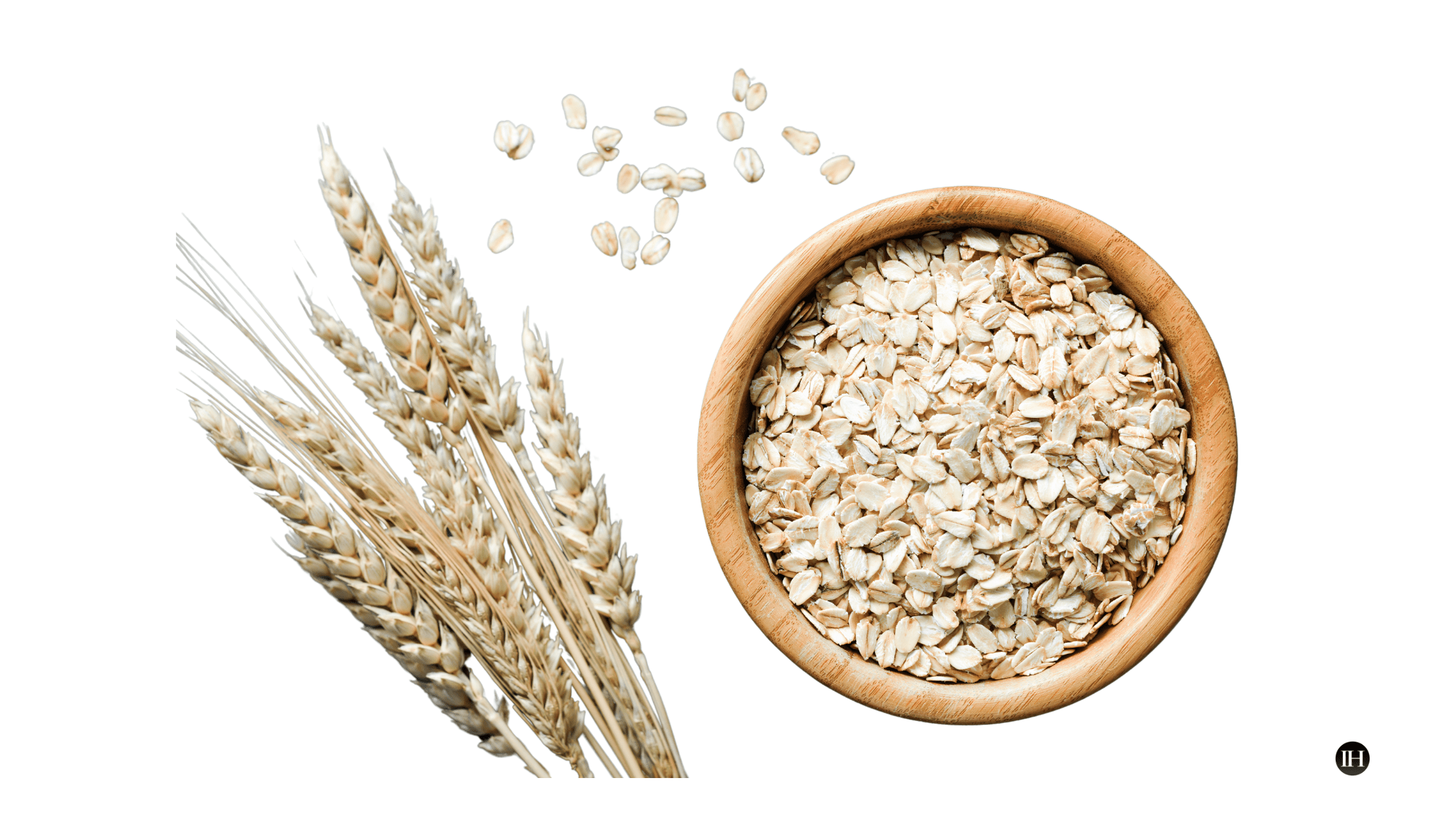 An illustrative image of whole organic oats in a wooden bowl, next to some oat grains and a light golden leaf on a white background.