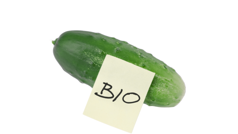 An illustrative image of bio diet organic cucumber on white background with the label bio